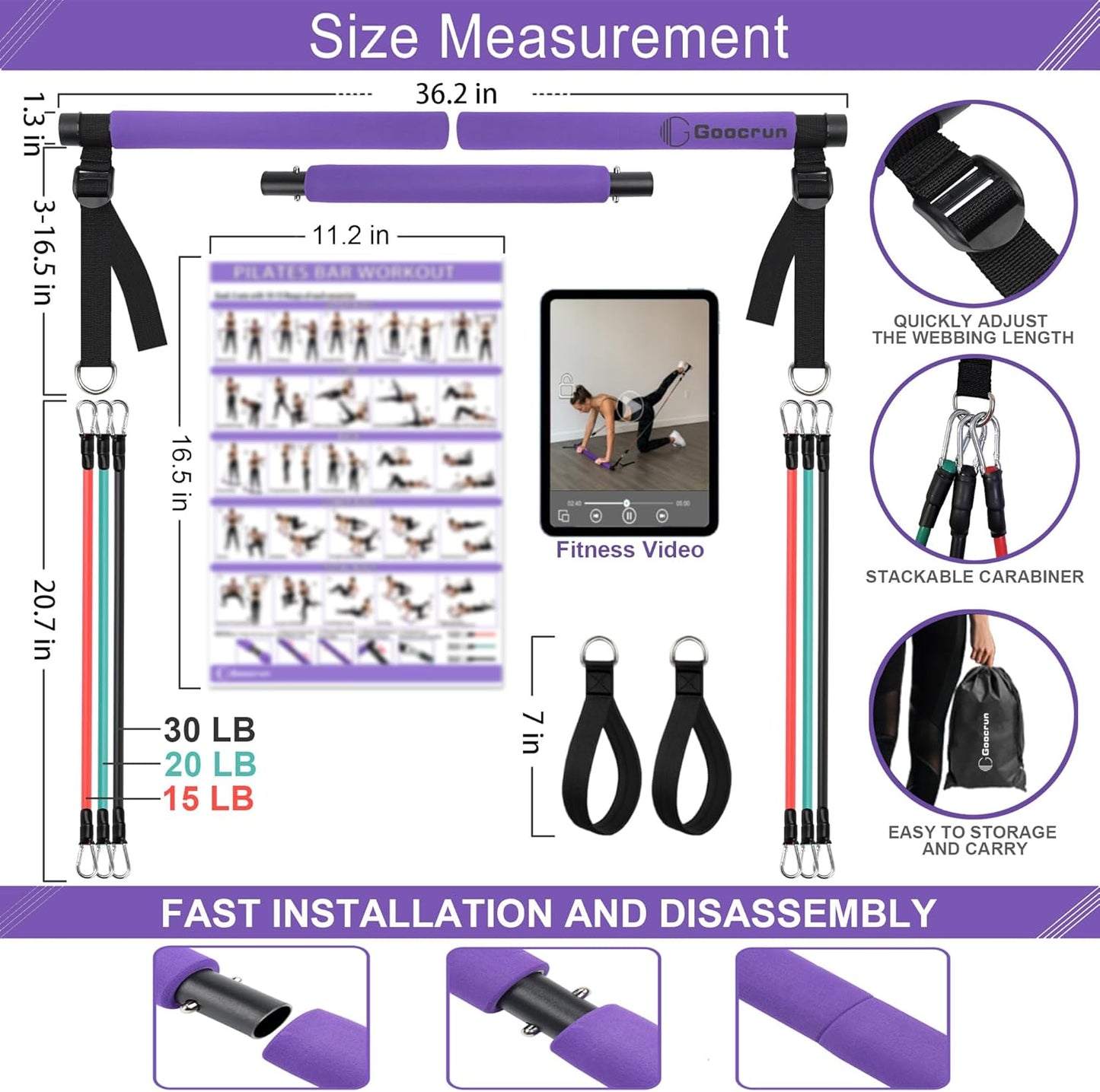 Portable Pilates Bar Kit with Resistance Bands for Men and Women - 3 Set Exercise Resistance Bands - Multifunctional Home Gym - Supports Full-Body Workouts – with Fitness Poster and Video